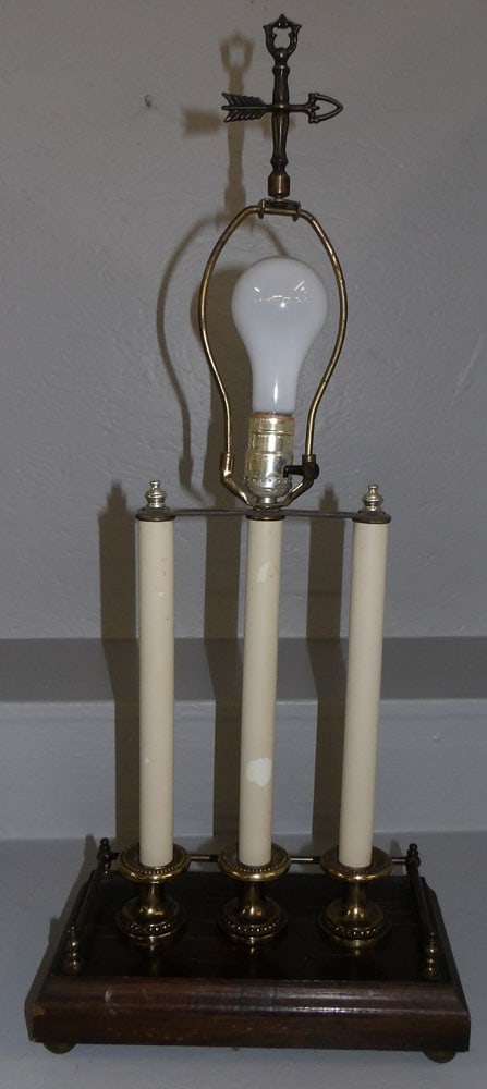 Gilded Metal & Wood Lamp: Gilded Metal & Wood Lamp. 28" H 12" W 6" D ALL DESCRIPTIONS AND ANY CONDITION STATEMENT GIVEN BY LANGSTON AUCTION GALLERY ARE STRICTLY OPINIONS AND LANGSTON'S SHALL HAVE NO RESPONSIBILITY FOR ERRORS O