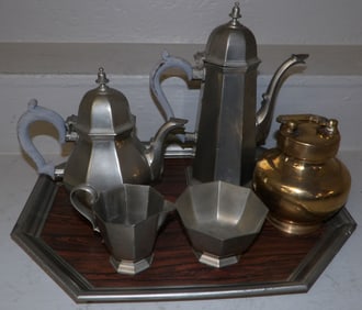 Pewter Tea Set & Brass Tobacco Jar