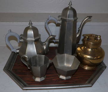 Pewter Tea Set & Brass Tobacco Jar: Pewter Tea Set & Brass Tobacco Jar. Up to 17" x 14" ALL DESCRIPTIONS AND ANY CONDITION STATEMENT GIVEN BY LANGSTON AUCTION GALLERY ARE STRICTLY OPINIONS AND LANGSTON'S SHALL HAVE NO RESPONSIBILITY FOR