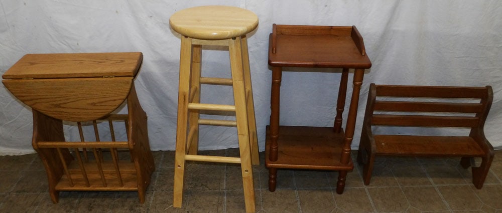 Lot of Wooden Stands, Bench, & Bar Stool: Lot of Wooden Stands, Bench, & Bar Stool. Up to 29" H 13" Dia. ALL DESCRIPTIONS AND ANY CONDITION STATEMENT GIVEN BY LANGSTON AUCTION GALLERY ARE STRICTLY OPINIONS AND LANGSTON'S SHALL HAVE NO RESPONS