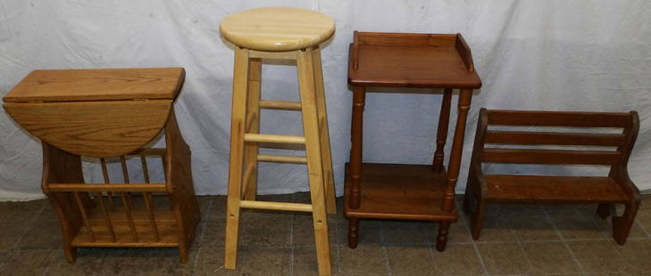 Lot of Wooden Stands, Bench, & Bar Stool: Lot of Wooden Stands, Bench, & Bar Stool. Up to 29" H 13" Dia. ALL DESCRIPTIONS AND ANY CONDITION STATEMENT GIVEN BY LANGSTON AUCTION GALLERY ARE STRICTLY OPINIONS AND LANGSTON'S SHALL HAVE NO RESPONS