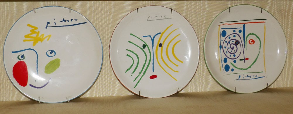 Three Mid Century Modern Picasso Motif Plates: Three Mid Century Modern Picasso Motif Plates. ALL DESCRIPTIONS AND ANY CONDITION STATEMENT GIVEN BY LANGSTON AUCTION GALLERY ARE STRICTLY OPINIONS AND LANGSTON'S SHALL HAVE NO RESPONSIBILITY FOR ERRO