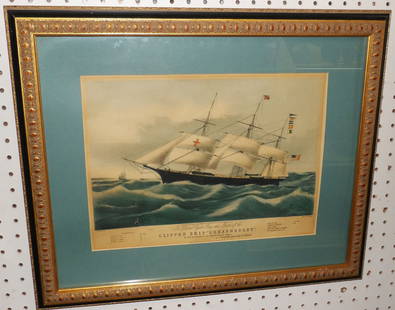 Framed & Matted Currier & Ives Clipper Ship Engraving: Framed & Matted Currier & Ives Clipper Ship Engraving. ALL DESCRIPTIONS AND ANY CONDITION STATEMENT GIVEN BY LANGSTON AUCTION GALLERY ARE STRICTLY OPINIONS AND LANGSTON'S SHALL HAVE NO RESPONSIBILITY