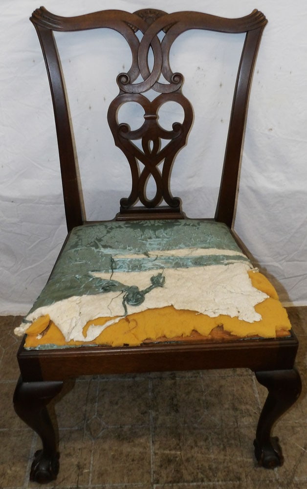 Carved Mahogany Side Chair with Ball & Claw Feet: Carved Mahogany Side Chair with Ball & Claw Feet. 38" H 24" W 21" D ALL DESCRIPTIONS AND ANY CONDITION STATEMENT GIVEN BY LANGSTON AUCTION GALLERY ARE STRICTLY OPINIONS AND LANGSTON'S SHALL HAVE NO RE