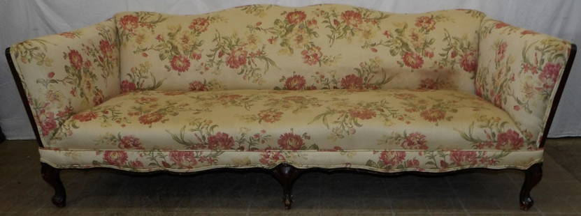 Mahogany & Floral Upholstered Sofa: Mahogany & Floral Upholstered Sofa. 30" H 85" W 34" D ALL DESCRIPTIONS AND ANY CONDITION STATEMENT GIVEN BY LANGSTON AUCTION GALLERY ARE STRICTLY OPINIONS AND LANGSTON'S SHALL HAVE NO RESPONSIBILITY F
