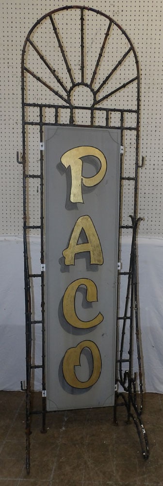 Antique Painted Metal Faux Bamboo Sign: Antique Painted Metal Faux Bamboo Sign. 89 1/2" H 24 1/4" W 31" D ALL DESCRIPTIONS AND ANY CONDITION STATEMENT GIVEN BY LANGSTON AUCTION GALLERY ARE STRICTLY OPINIONS AND LANGSTON'S SHALL HAVE NO RESP