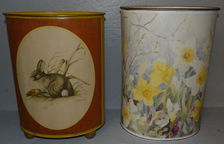 Two Paint Decorated Waste Baskets