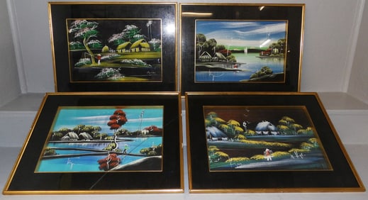 Set of Four Framed Oriental Watercolors on Silk Artist Signed