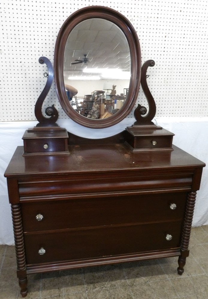 Mahogany Dresser with Mirror by Drexel: Mahogany Dresser with Mirror by Drexel. 74" H 47 1/2" W 21" D ALL DESCRIPTIONS AND ANY CONDITION STATEMENT GIVEN BY LANGSTON AUCTION GALLERY ARE STRICTLY OPINIONS AND LANGSTON'S SHALL HAVE NO RESPONSI