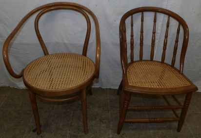 Two Antique Oak & Cane Seat Arm Chairs