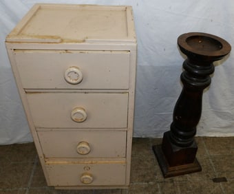 Painted Four Drawer Stand with Sewing Items & Pine Candle Holder