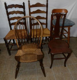 Lot of Four Antique Side Chairs & Bar Stool