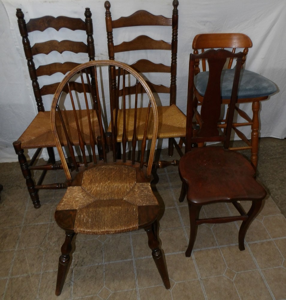 Lot of Four Antique Side Chairs & Bar Stool: Lot of Four Antique Side Chairs & Bar Stool. Up to 35 3/4" H 17" W 20" D ALL DESCRIPTIONS AND ANY CONDITION STATEMENT GIVEN BY LANGSTON AUCTION GALLERY ARE STRICTLY OPINIONS AND LANGSTON'S SHALL HAVE 