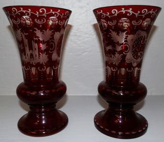 Pair of Ruby Cut to Clear Vases