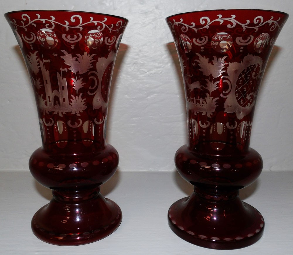 Pair of Ruby Cut to Clear Vases