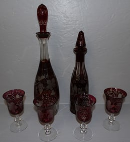 Ruby Cut to Clear Decanter & Wine Glasses