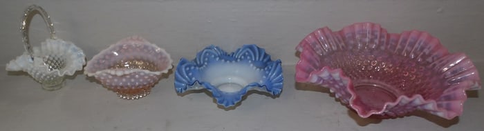 Three Pieces of Fenton Hobnail & Small Brides Basket