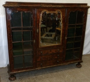 19th Century Burl Walnut Triple Glass & Mirror Door Bookcase