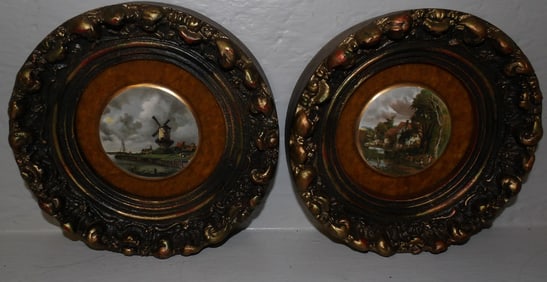 Pair of Framed Round Porcelain Plaques