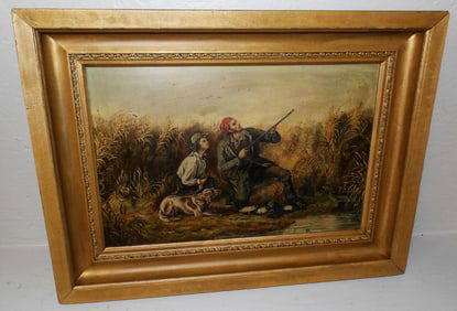 Antique Gilded Framed Oil on Board Duck Hunting Scene