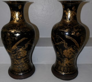 Pair of Antique Chinese Black & Gold Decorated Porcelain Vases on Teak Wood Stands