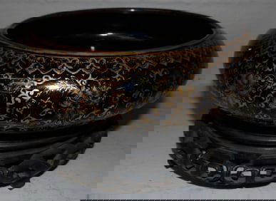 Antique Chinese Black & Gold Decorated Bowl on Teak Wood Stand