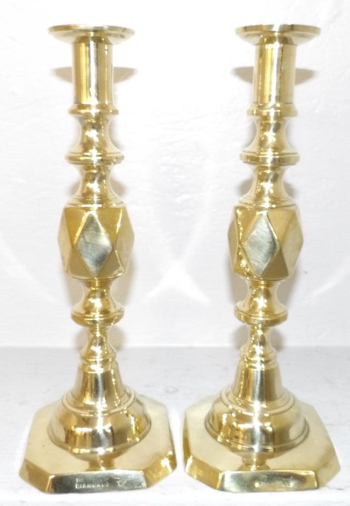 Pair of Antique Brass Candlesticks Signed Queen of Diamonds (1 of 3)