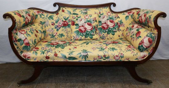 Antique Mahogany Floral Upholstered Duncan Phyfe Loveseat with Brass Casters