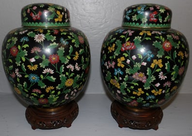 Pair of Cloisonne Ginger Jars on Teak Wood Stands