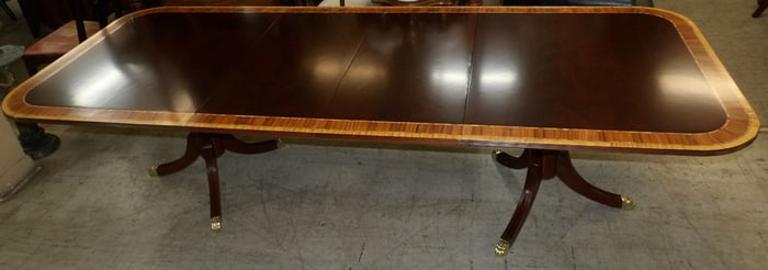 Mahogany Rosewood & Satin Wood Banded Top Two Pedestal Dining Table with Two Leaves