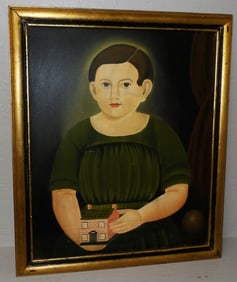 Folk Art Oil on Canvas Portrait of Young Girl