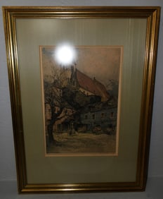 Framed Colored Austrian Etching of Market Place with Provenance on Back