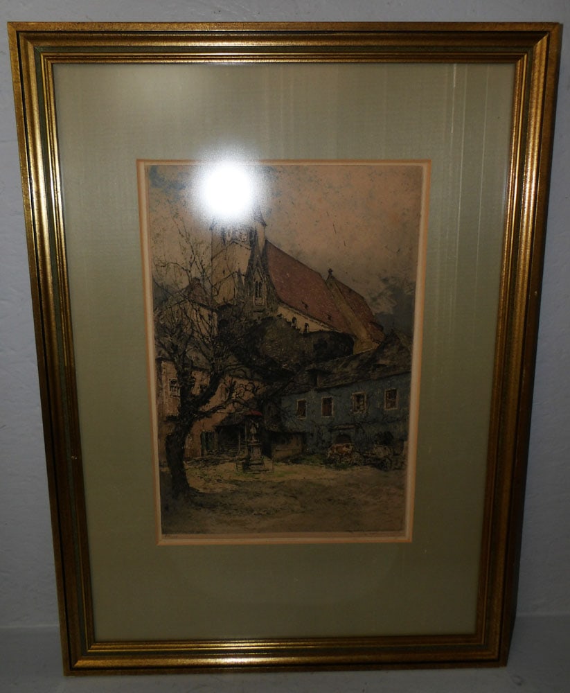 Framed Colored Austrian Etching of Market Place with Provenance on Back (1 of 5)