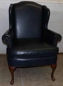 Blue Leather Upholstered Wing Back Chair by Distinction