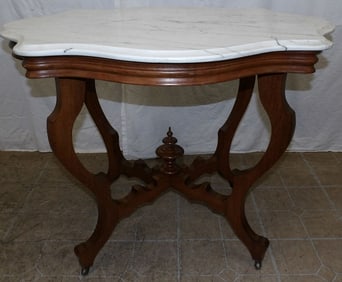 Antique Walnut Victorian Turtle Shaped Marble Top Center Table