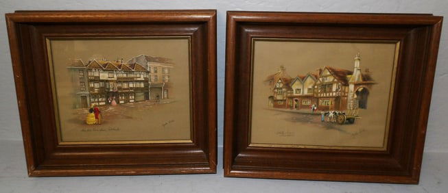 Pair of Walnut Shadowbox Framed Prints Pencil Signed Clyde Cole