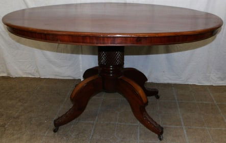 19th Century Mahogany & Satin Wood Inlaid Oval Pedestal Center Table