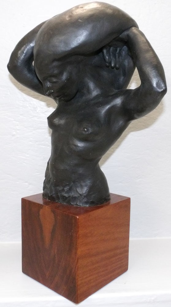 Bronze Bust of Lady on Teak Wood Stand Artist Signed & Dated (1 of 7)