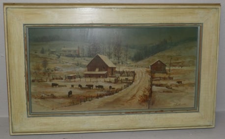 Framed Oil on Board Country Snow Scene of Farm & Cattle Artist Signed