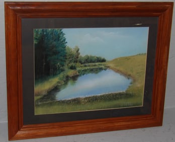 Framed Pastel of Country Pond Landscape Artist Signed