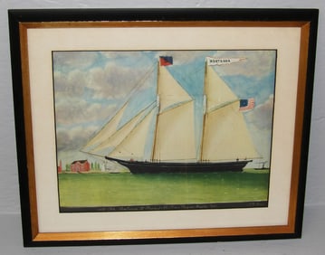 Framed Folk Style Colored Engraving of the Schooner Montanna by J H Kane