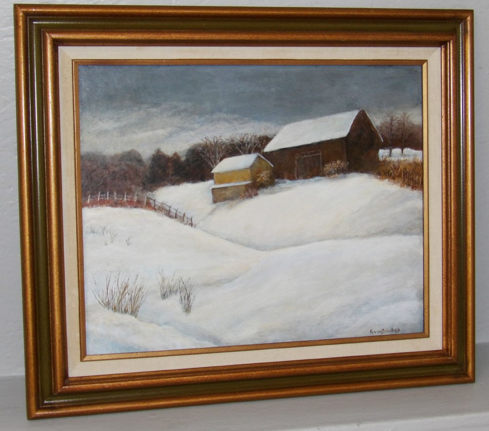 Framed Oil on Board Country Farm Snow Scene R.vonSchilling (1 of 3)