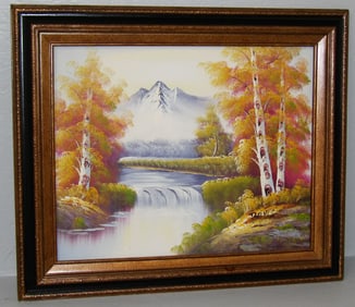 Framed Oil on Canvas of Lake & Mountain Scene Artist Signed