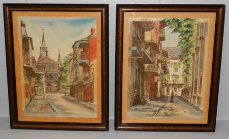 Pair of Framed Street Scene Watercolors of the New Orleans Quarter