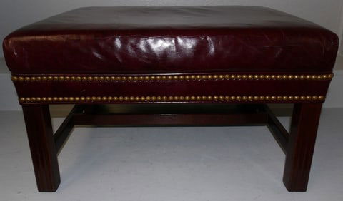 Mahogany & Leather Upholstered Stretcher Base Ottoman by Hancock & Moore
