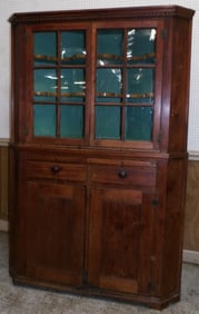 19th Century Walnut Two Piece Twelve Pane Corner Cabinet with Slide