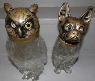 Two Glass & Silverplated Head Owl & Dog Austrian Decanters
