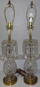 Pair of Cut Glass Luster Lamps with Prisms, (One Bowl As Is)