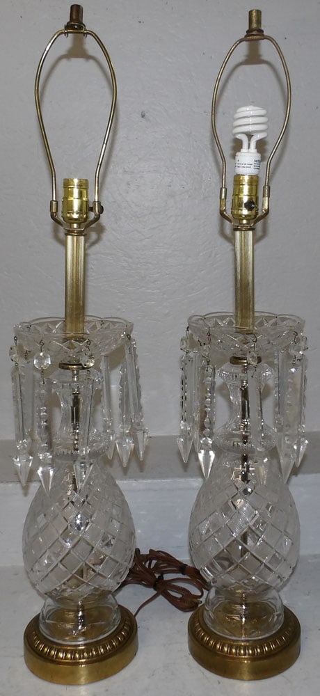 Pair of Cut Glass Luster Lamps with Prisms, (One Bowl As Is) (1 of 4)