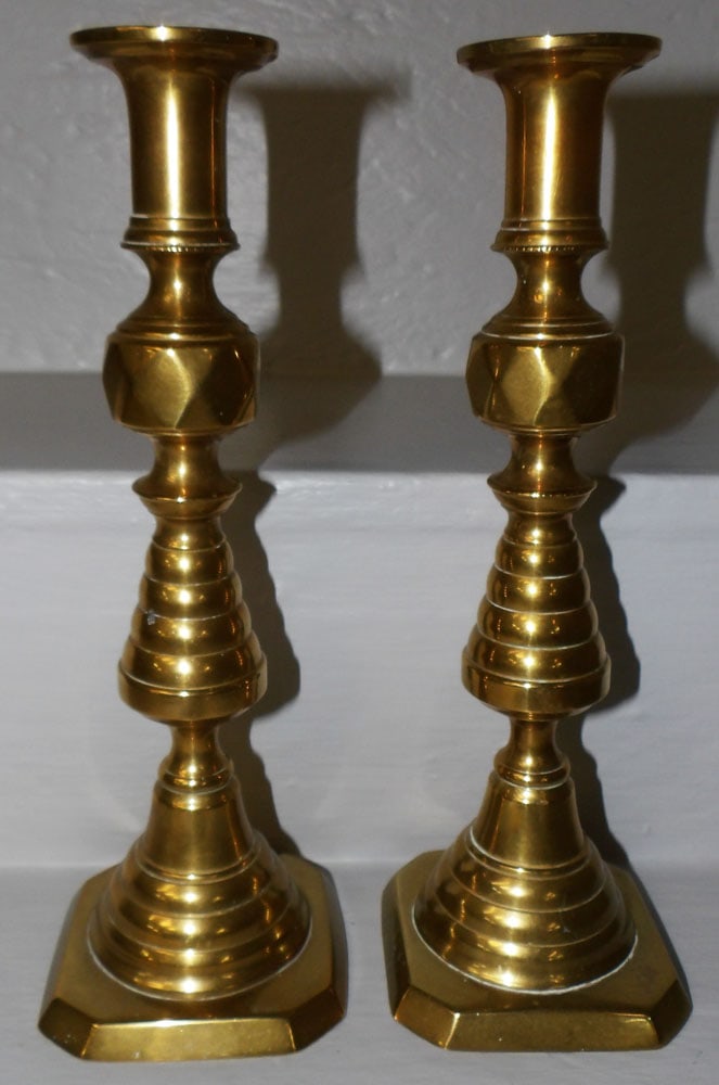 Pair of Antique Brass Beehive Push Up Candlesticks (1 of 3)